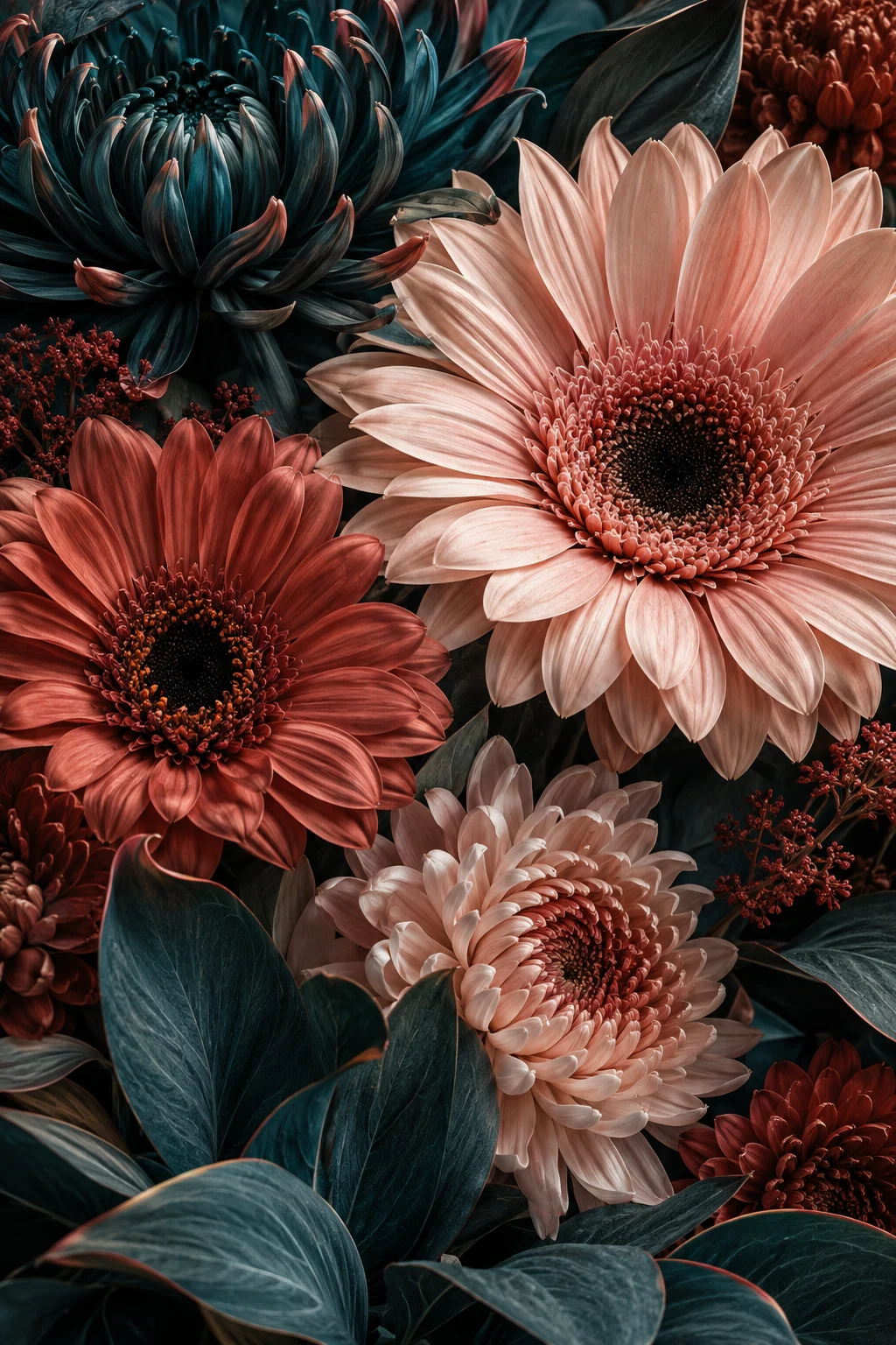 Sculptural teal and coral flowers against a deep studio backdrop