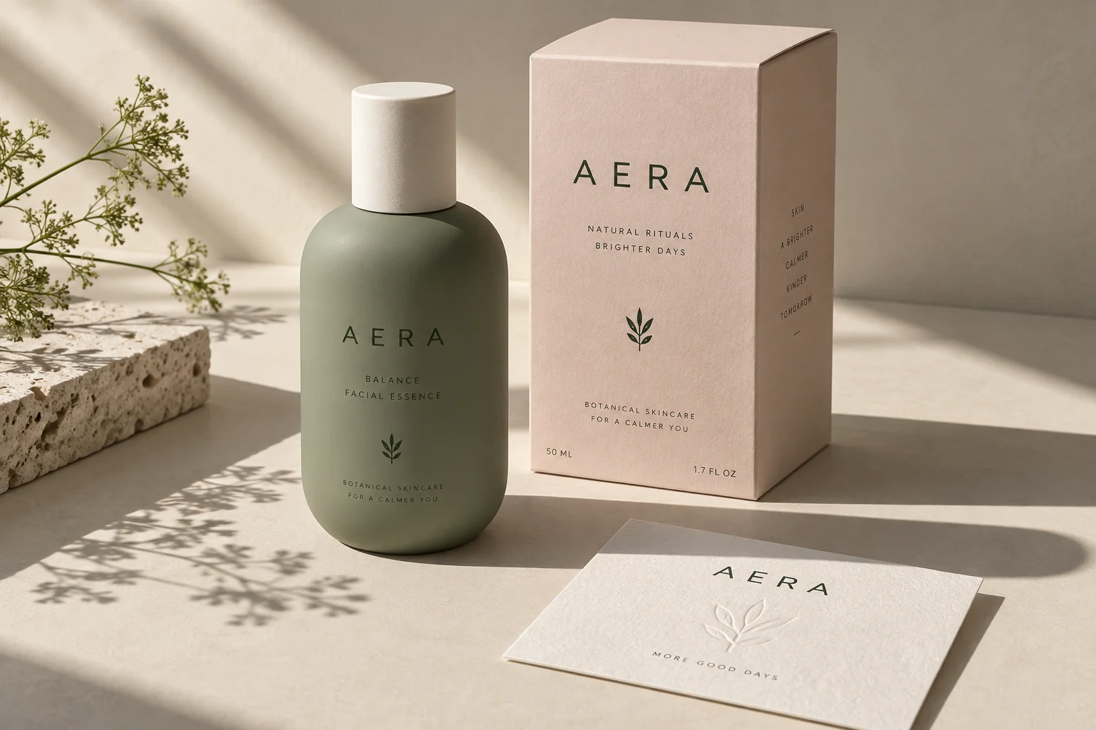 AERA skincare packaging and editorial identity mockups in warm neutral tones