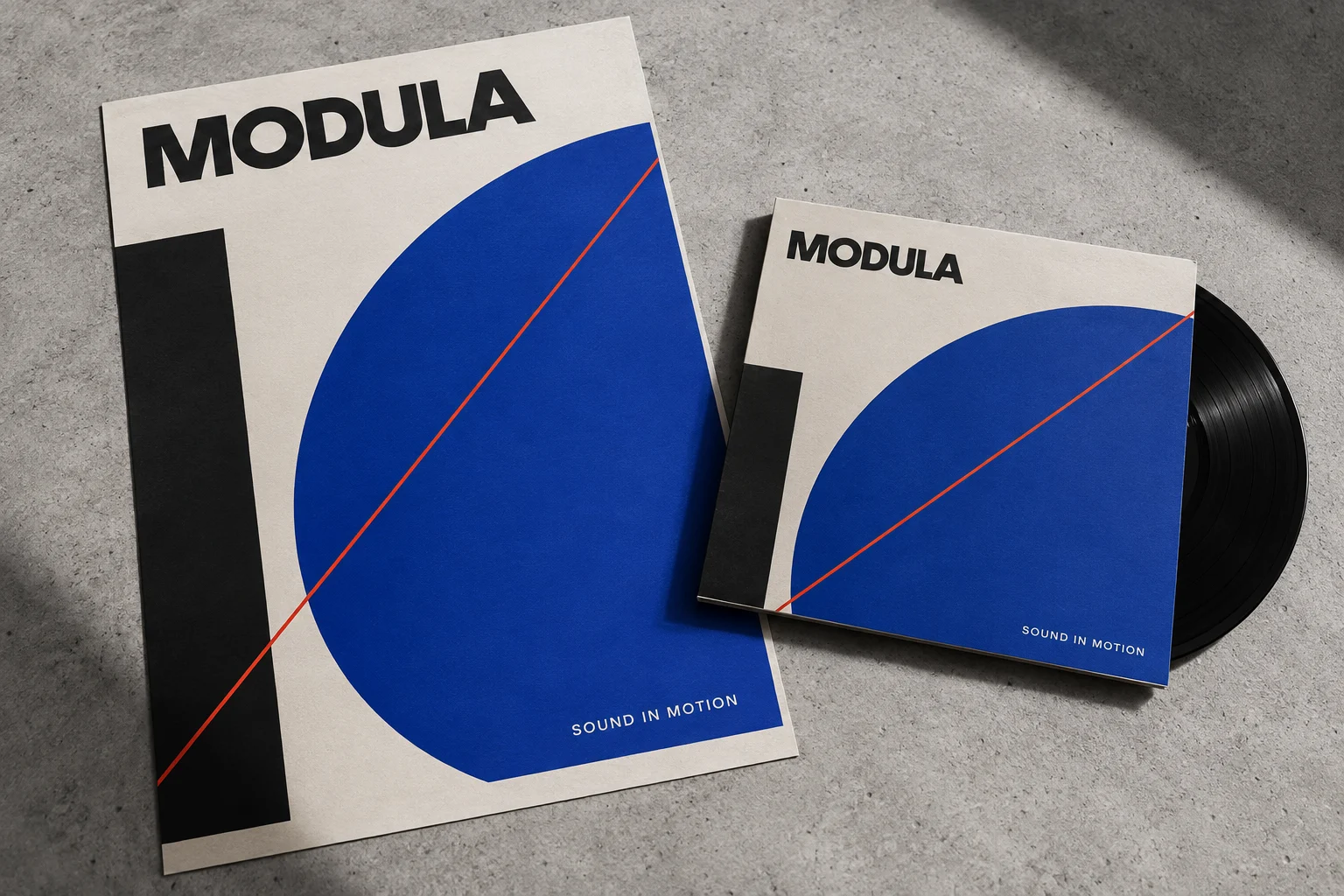 MODULA music poster and vinyl record with a bold cobalt and black modular identity